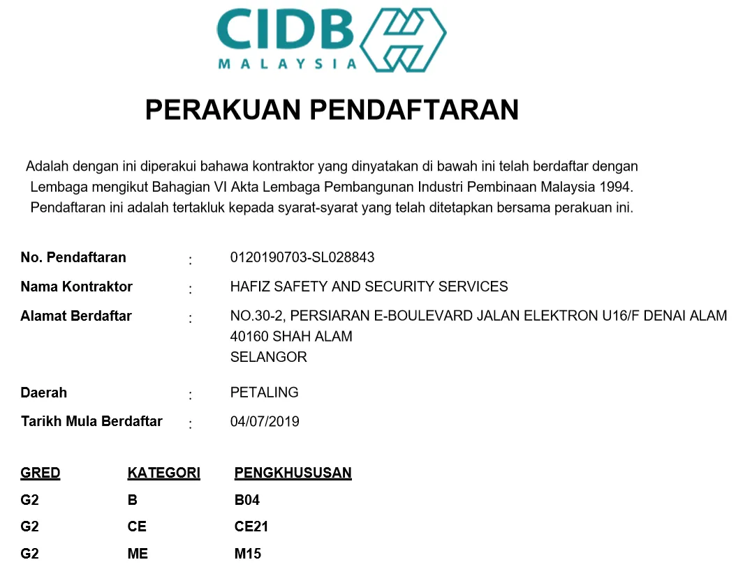 Sijil pendaftaran CIDB HSS