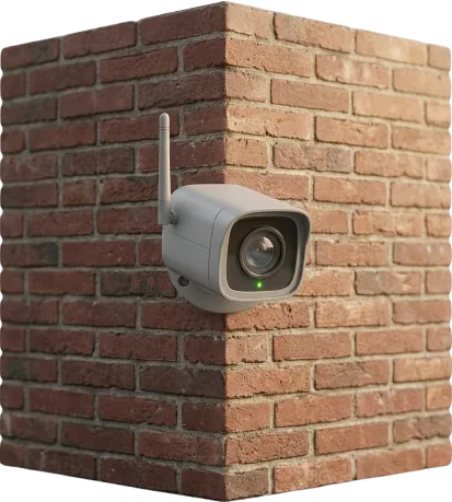 Ilustrasi 3D kamera CCTV tanpa wayar terpasang di dinding bata