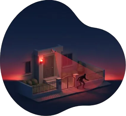 Ilustrasi 3D pencuri dikesan oleh kamera CCTV di pintu rumah, alarm berbunyi