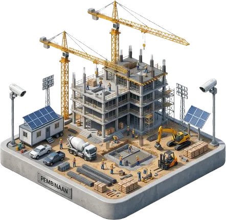 Ilustrasi 3D isometrik tapak pembinaan