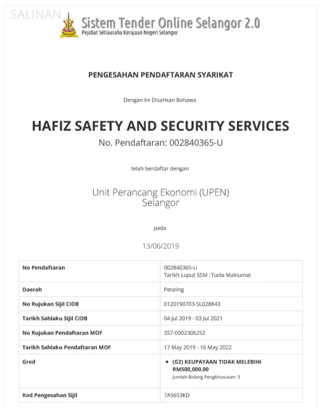 Sijil pendaftaran SUK Selangor HSS